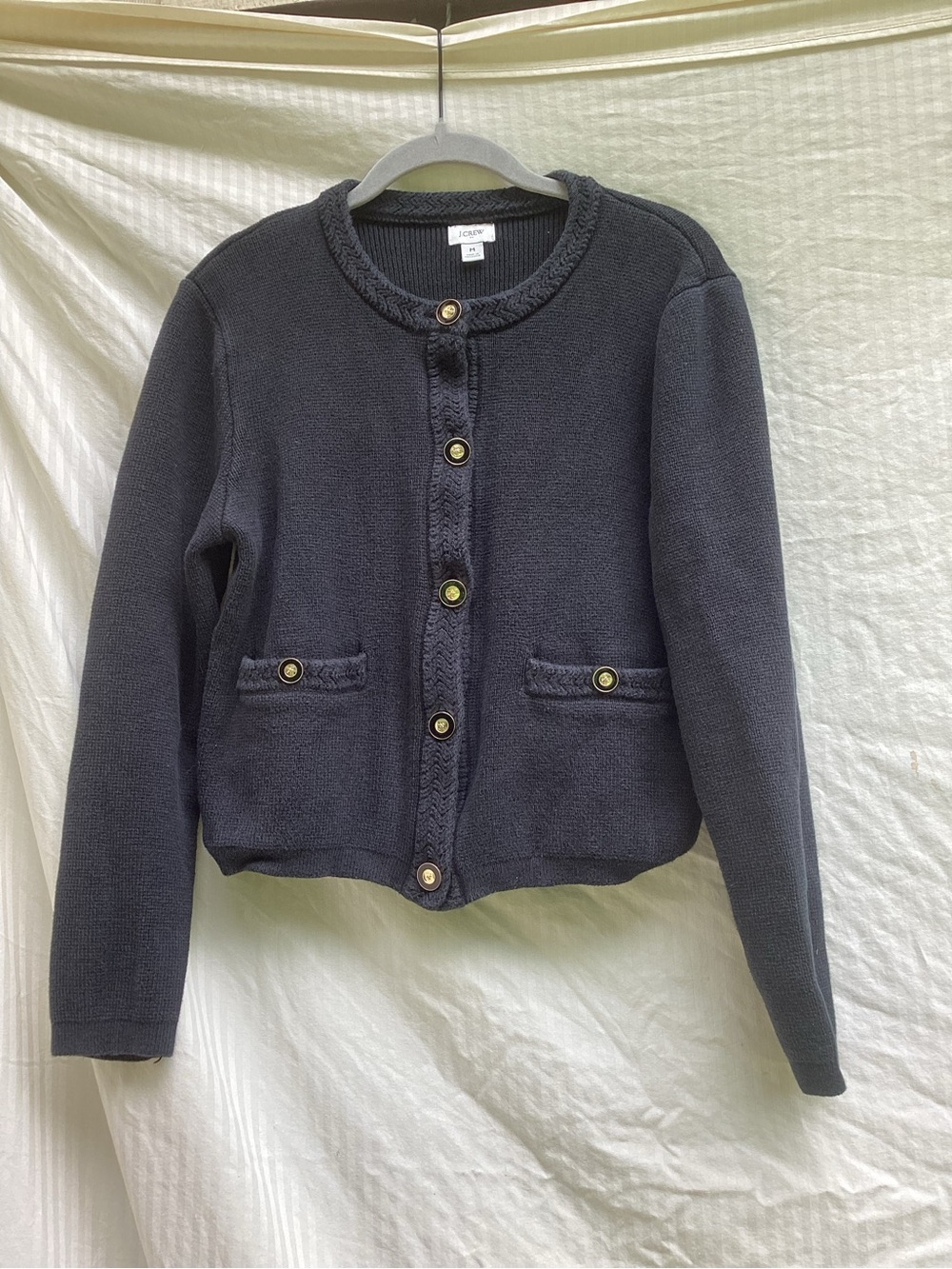 J. Crew black cotton Braided-Trim Button Cardigan, size medium